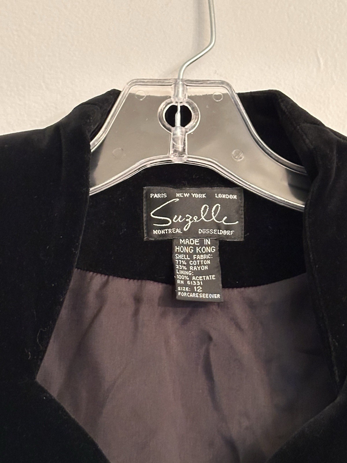 Vintage 90s SUZELLE Black Velevet Type Rhinestone Clasps Jacket Blazer Medium 12