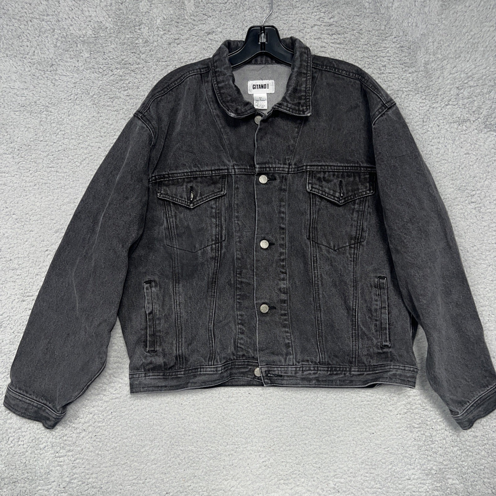 VTG Gitano Denim Jacket Women’s Sz L Black Light Wash Button Front Trucker 80s