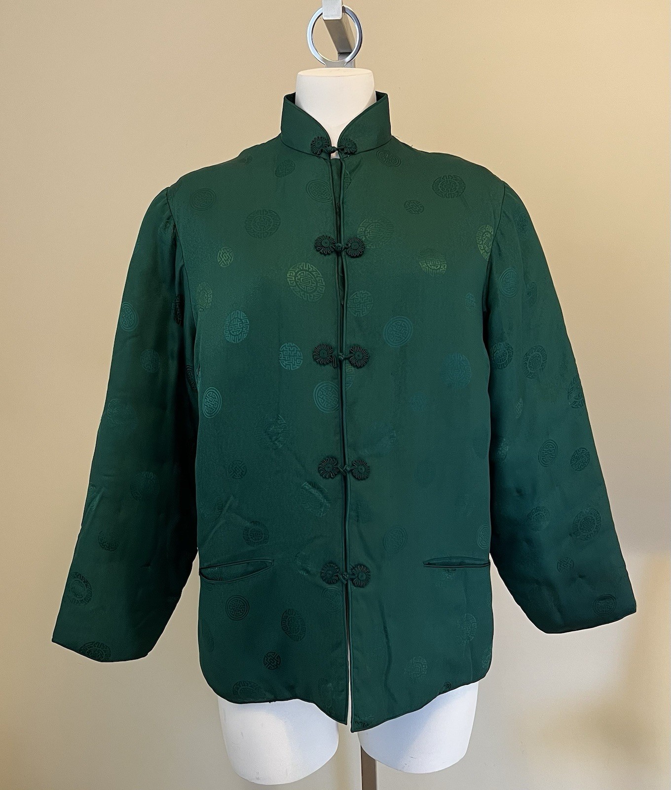 Vintage Plum Blossoms Satin Silk Jacket Quilted Emerald Green Womens