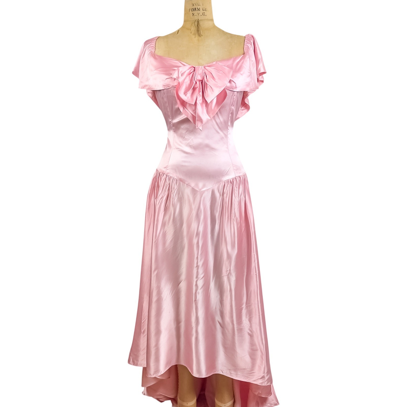 Vintage 80s Satin Pink Formal Ball Gown Princess Bow Hi Low Prom Party Dress