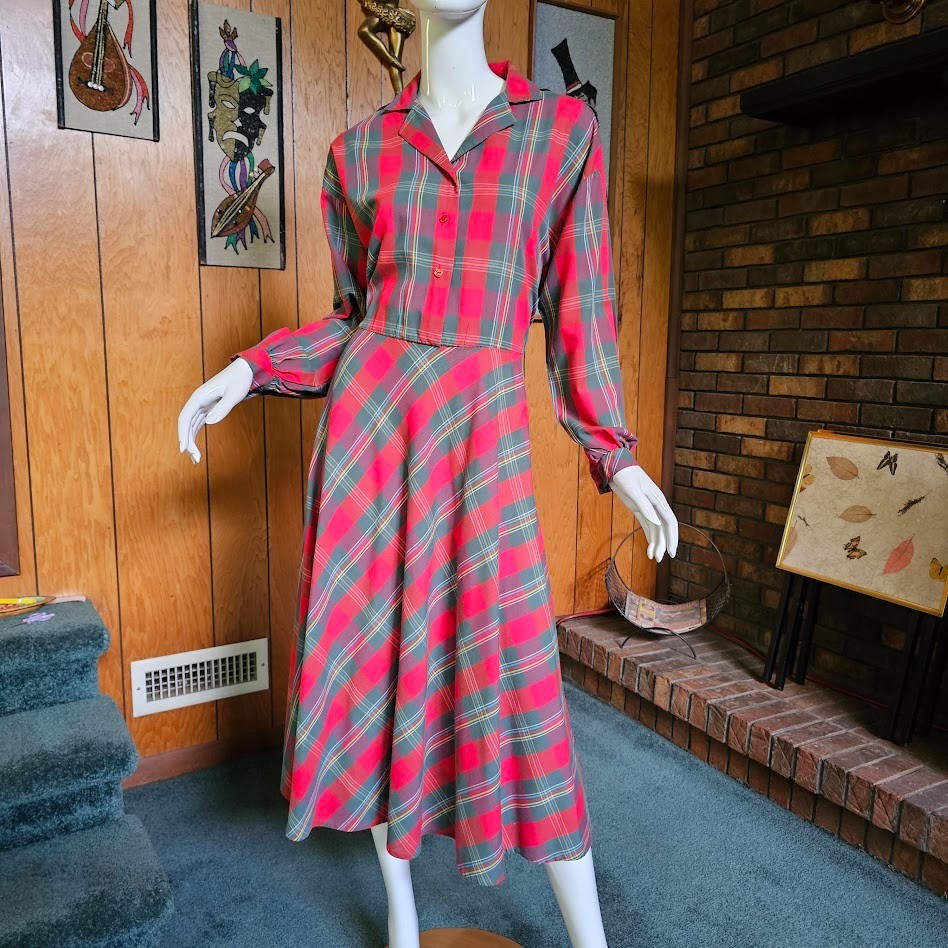 Vtg 80s Tartan Plaid Rockabilly Cowpunk Shirtwaist Full Skirt Swing Dress L/XL