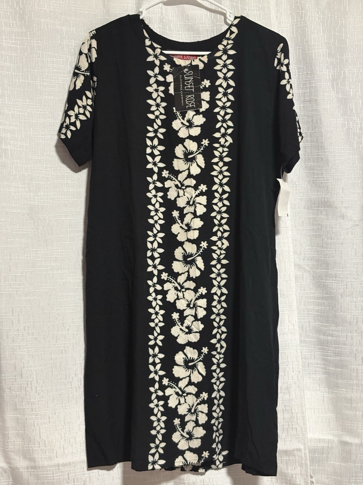 NWT Vintage 90s Sears Sunset Rose Hawaiian Dress M Black Hibiscus Batik Tunic