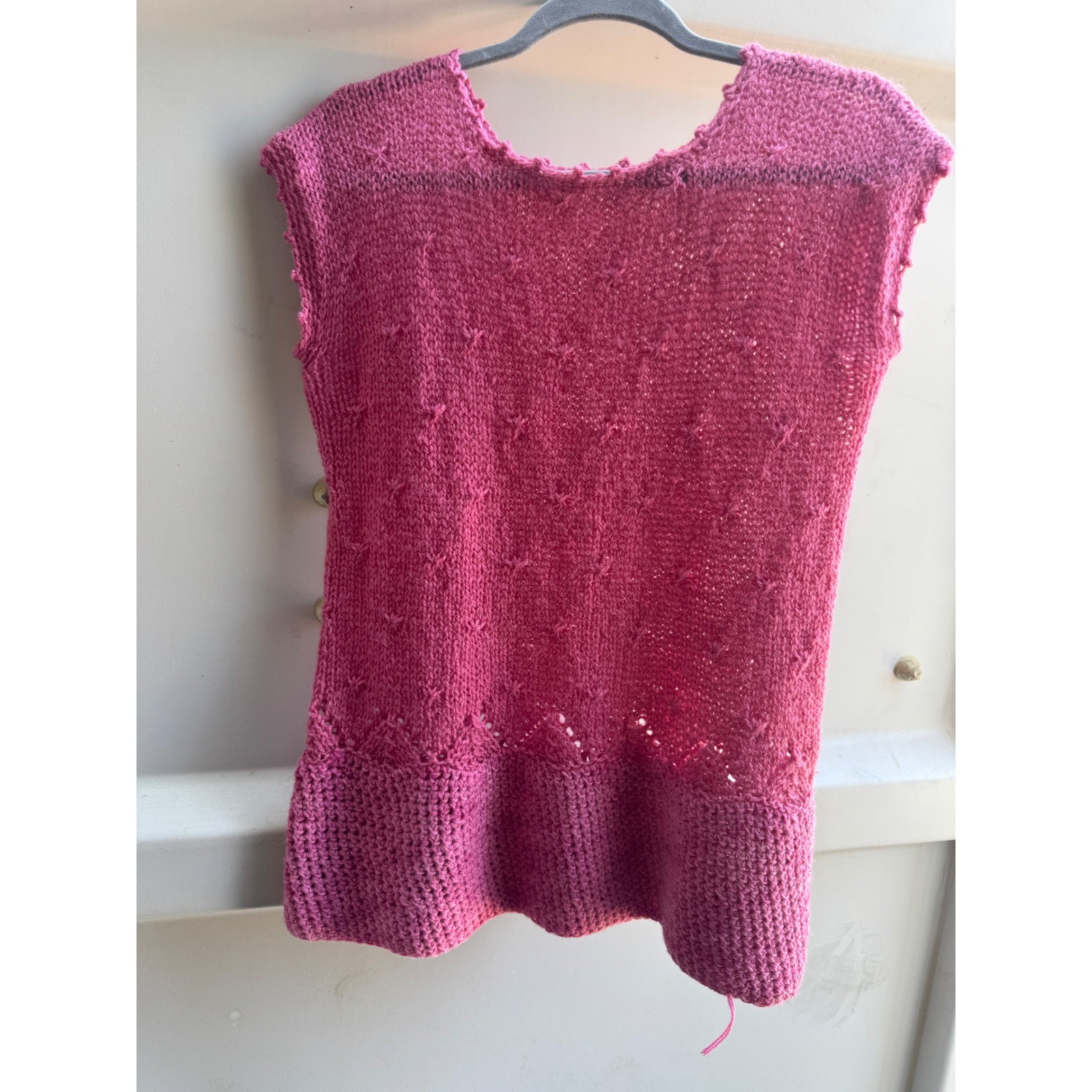 Vintage Handmade Knit Top Magenta Pink Sleeveless Pointelle Artisanal Boho