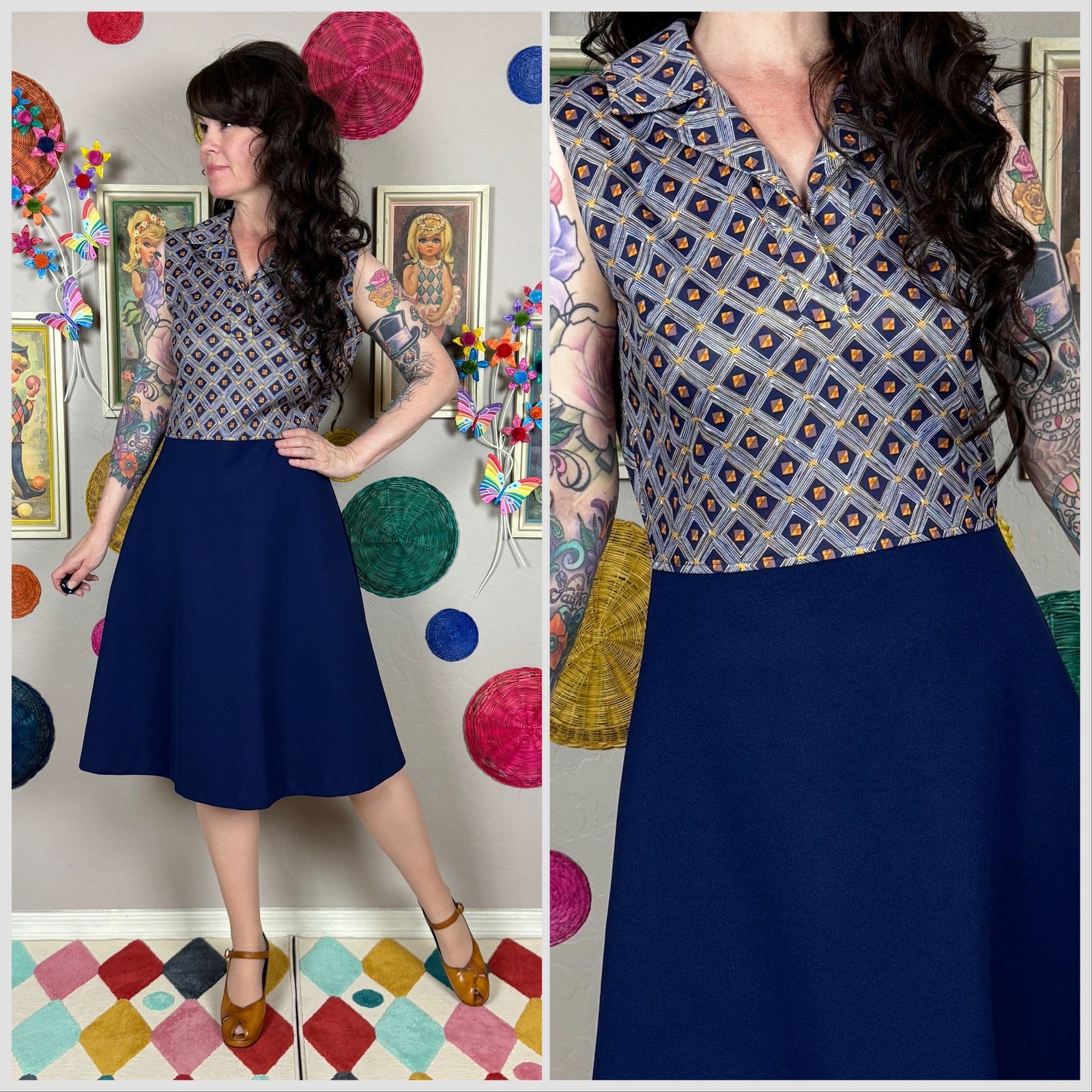 Vintage 1970s Blue Sleeveless Collar A-Line Minidress | 30″ Waist