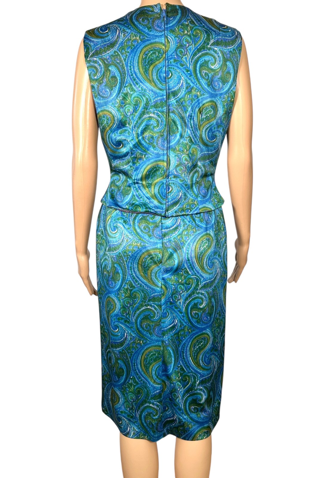 Vintage 1960s Selma Washington DC Blue Green Paisley 2 Pc Dress Top Set Sz 6 S