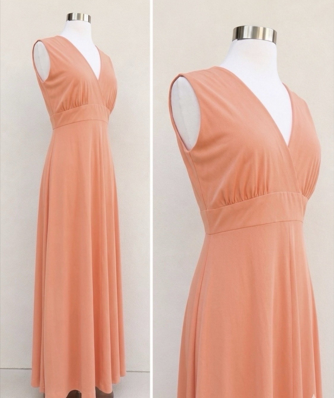 VTG 70s Union Made ILGWU Peach Sleeveless Empire Waist Maxi Dress VTG 14