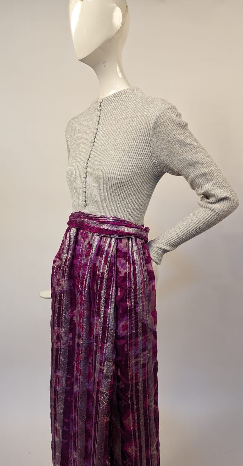 VINTAGE 1970’S GLITTERED GRAY KNIT + SILVER STRIPED FLORAL LONG DRESS