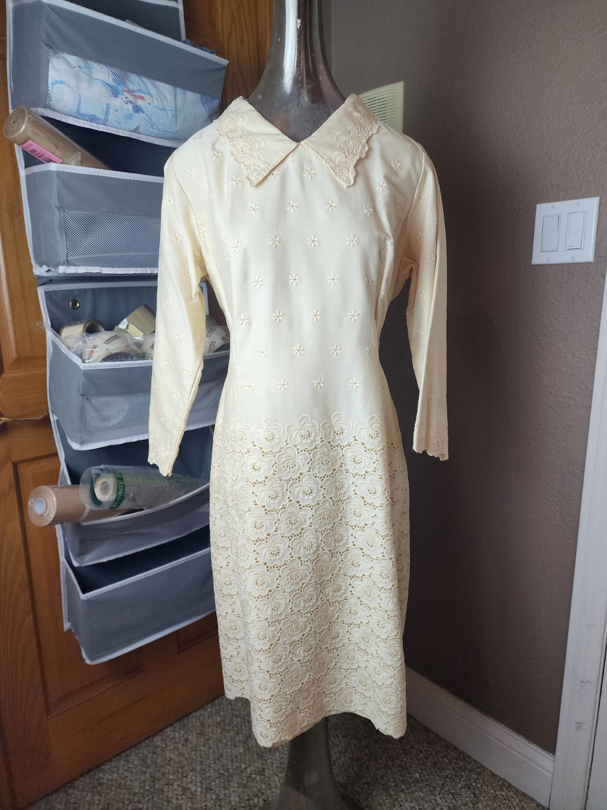 Vintage Ivory Floral Embroidered Dress Cottagecore Prairie Large BOHO