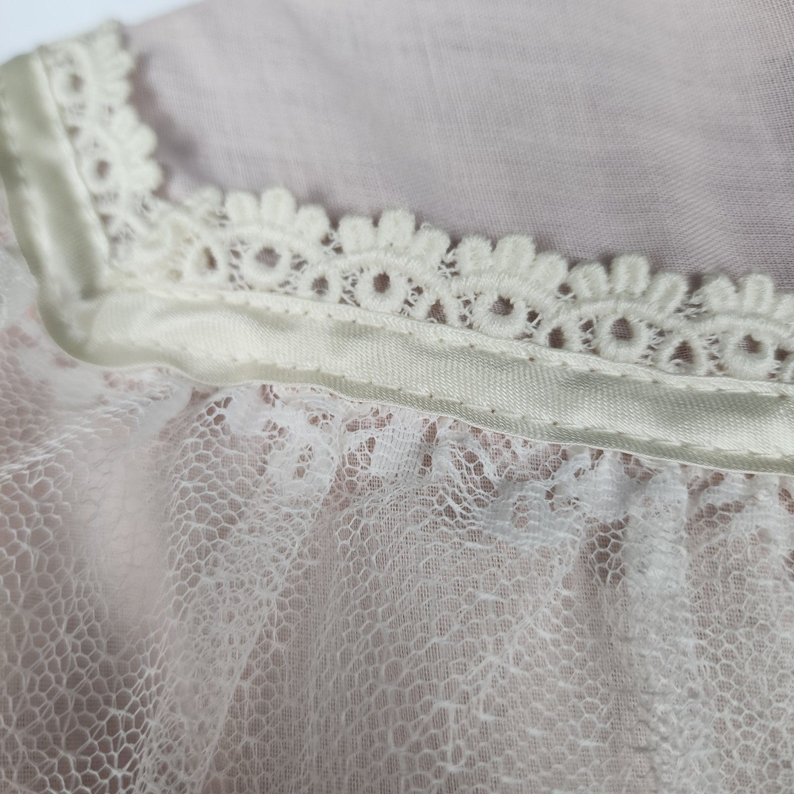 Vintage Cottage Core Gown Lace Ruffle Satin Trim Pearl Buttons Beaded Peach 10