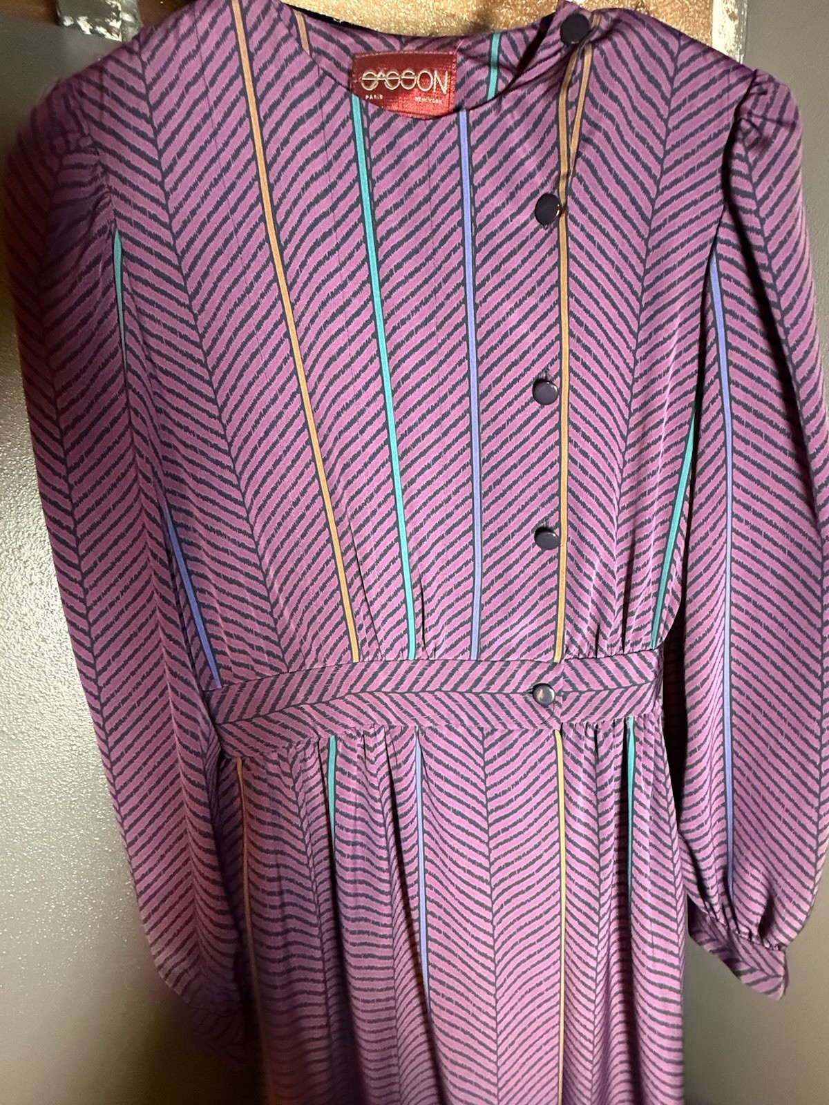 Vintage 80s Sasson Secretary Dress | Purple Geometric Chevron Stripe | Midi 8/9