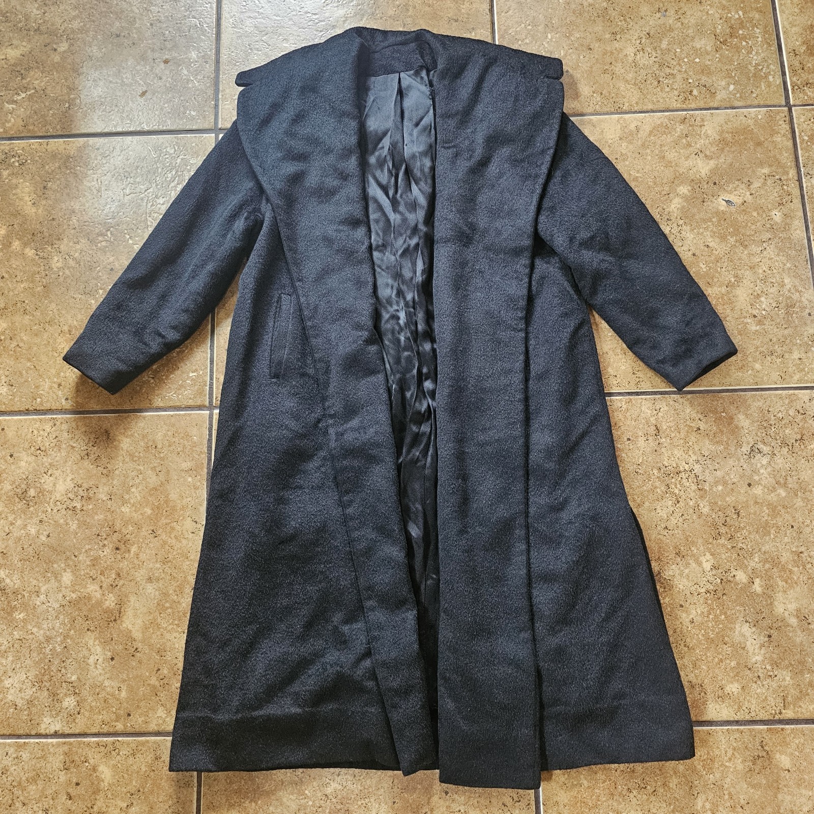 Vintage 70s Wool Trench Coat Black Forstmann Oversized Chic Mod Glam Cocktail