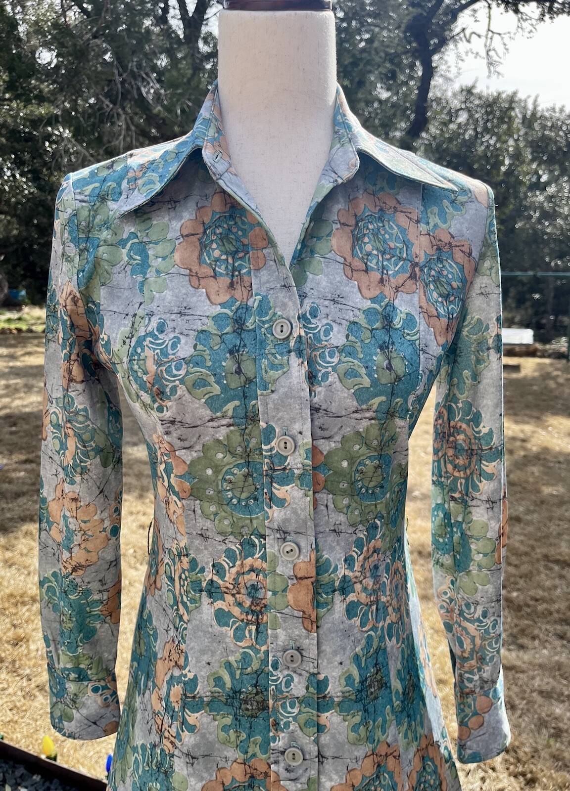 Homemade Paisley Green Long Sleeve Dress 1970s Style Vintage? 30 Waist 35 Bust
