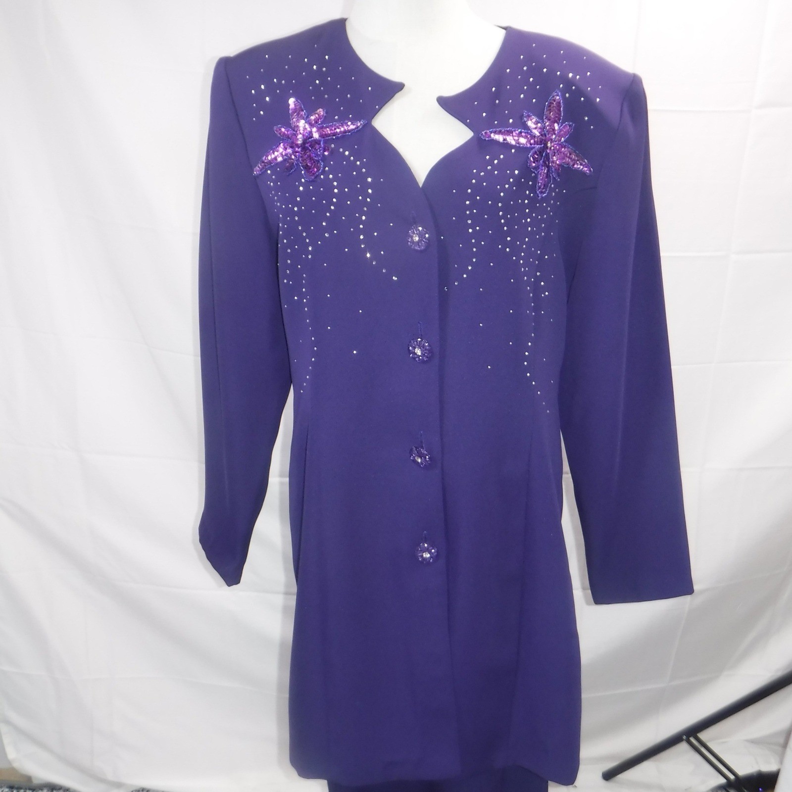 Vintage Dolce Purple Sequin Floral Longline Blazer Maxi Skirt Suit Set Size L