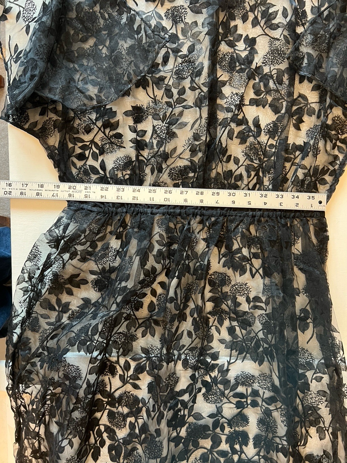 70’s Vintage Handmade Black Flocked Lace Sheer Cover-up Dress Fluted Sleeves