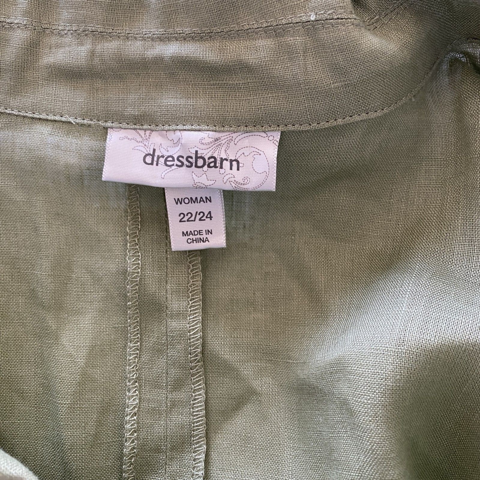 Dressbarn Linen Safari Jacket Green 3/4 Sleeve Button Lightweight Sz 22/24