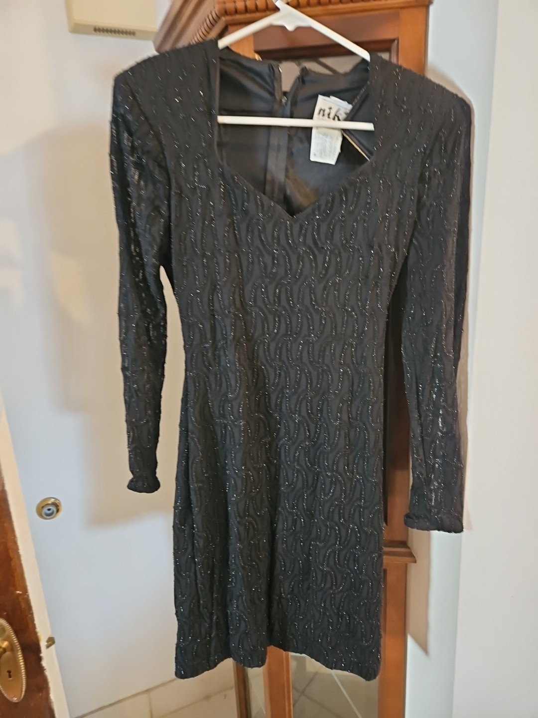 Niki Originals Black Sparkle Vintage Dress. Size 4 Long Sleeve Shoulder Pads