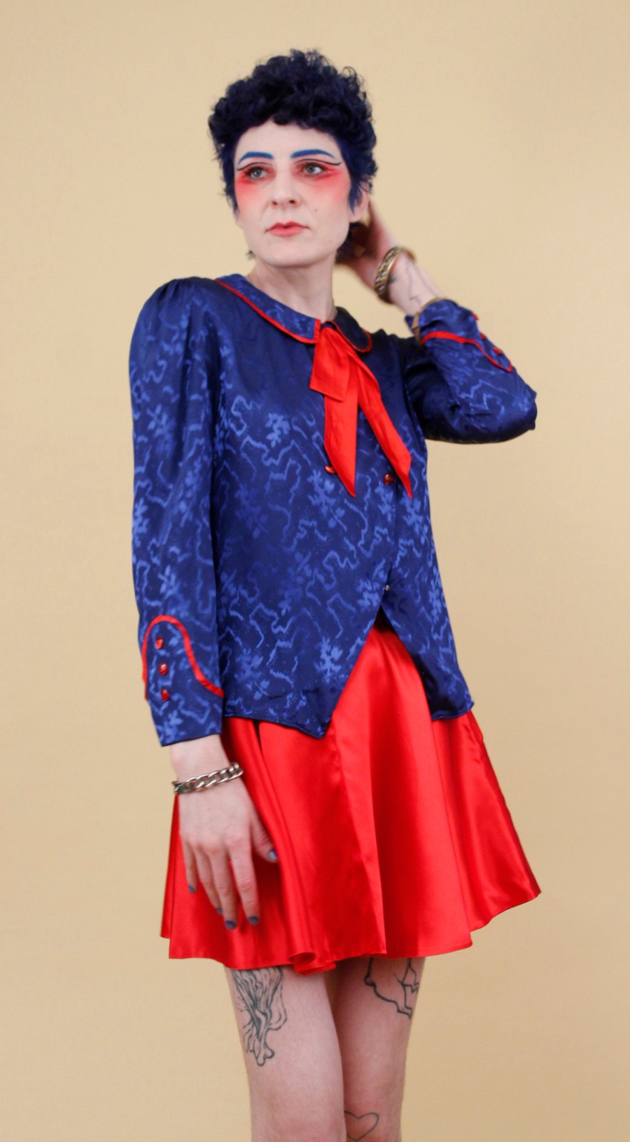 80s Vtg Blue Satin Sailor Moon Style Collar Blouse Shirt Button Up Nautical B34″