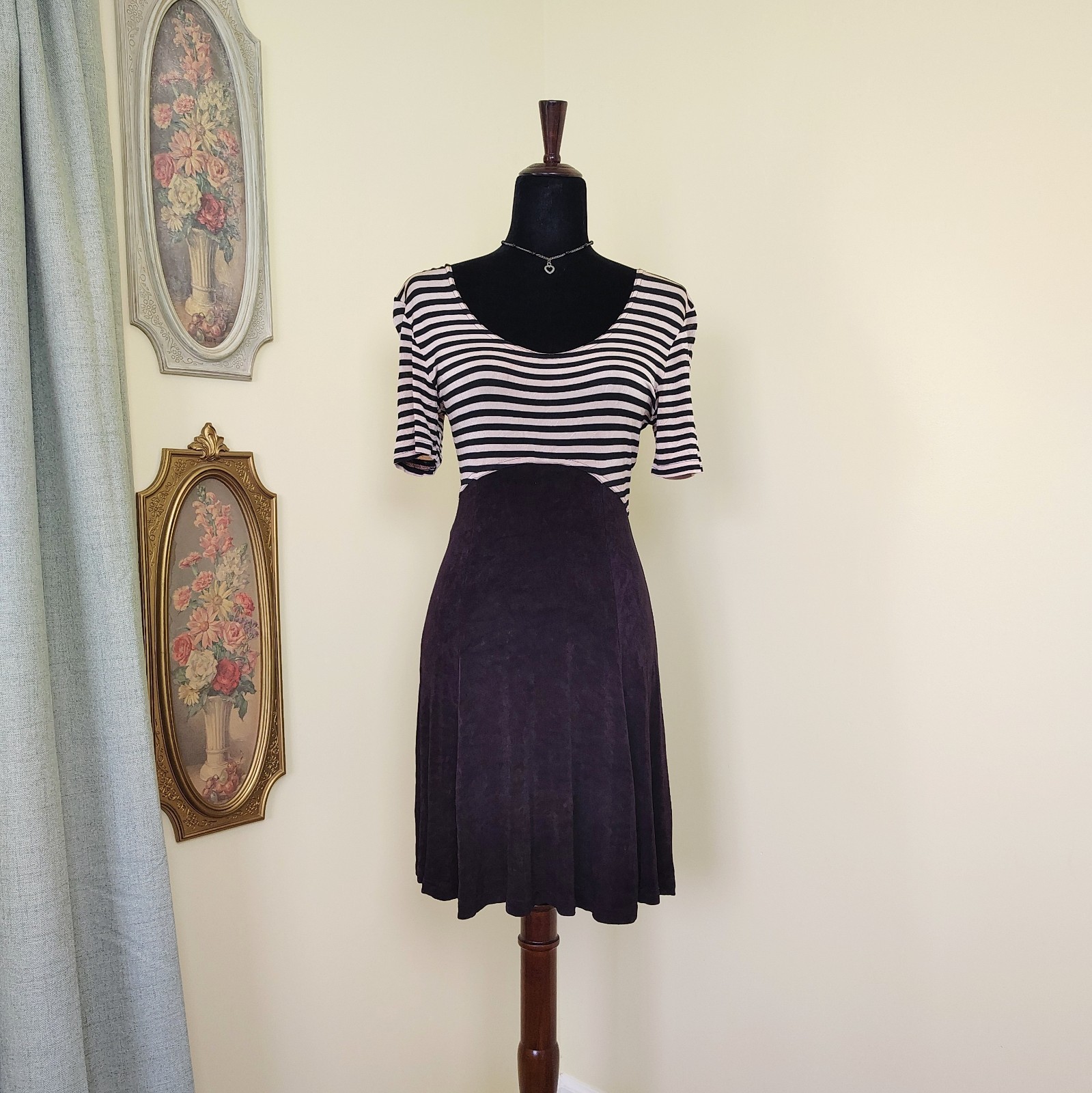 Vintage 90s Cream & Black Striped POSSESSED Slinky Grunge Skater Mini Dress