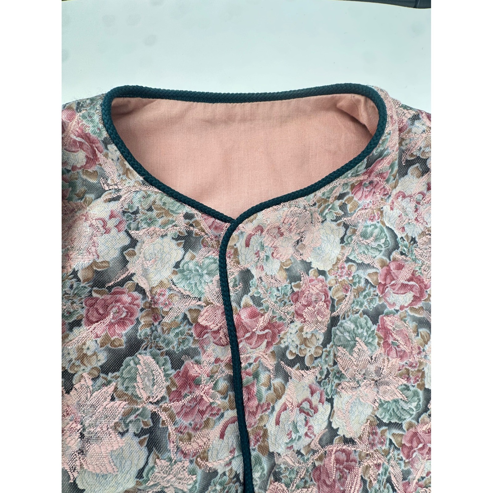 Vintage Handmade Floral Tapestry Vest Pink Rose Brocade Open Front Cottagecore