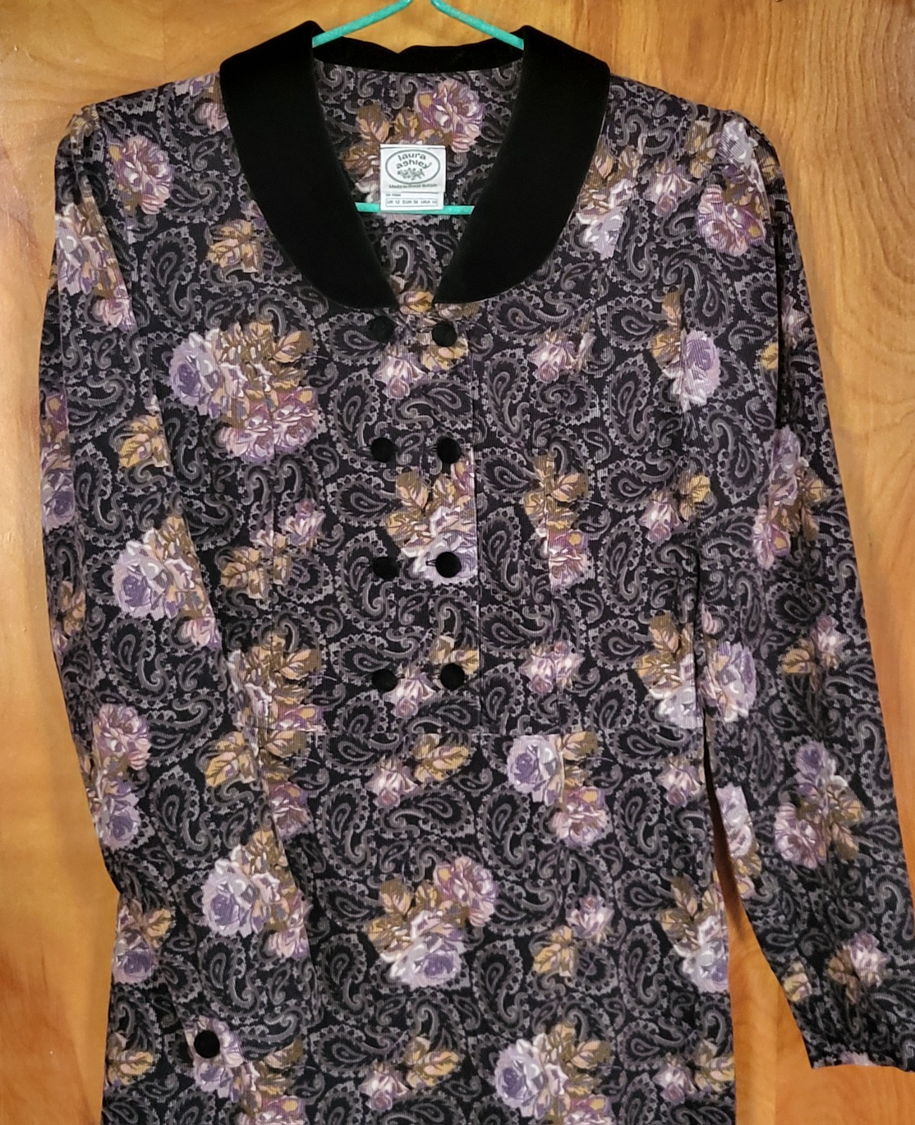 Vintage Laura Ashley Corduroy Dress – Grey-Purple Paisley, Size 10 (S-M / 8-8P)