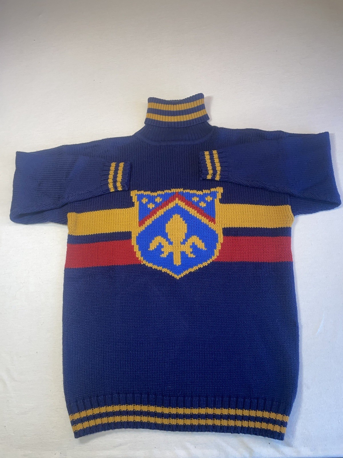 Vintage 80s Turtleneck Ski Sweater Wool Blend Crest Retro Preppy Nordic Size M