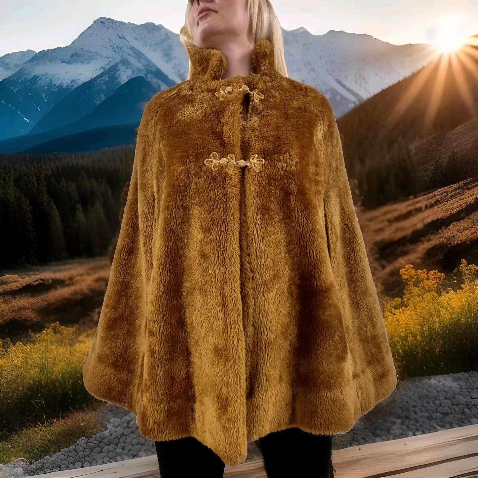 70s Faux Fur Cape Bohemian Look Mustard Bronze Color ASIAN FROG BUTTONS Size S