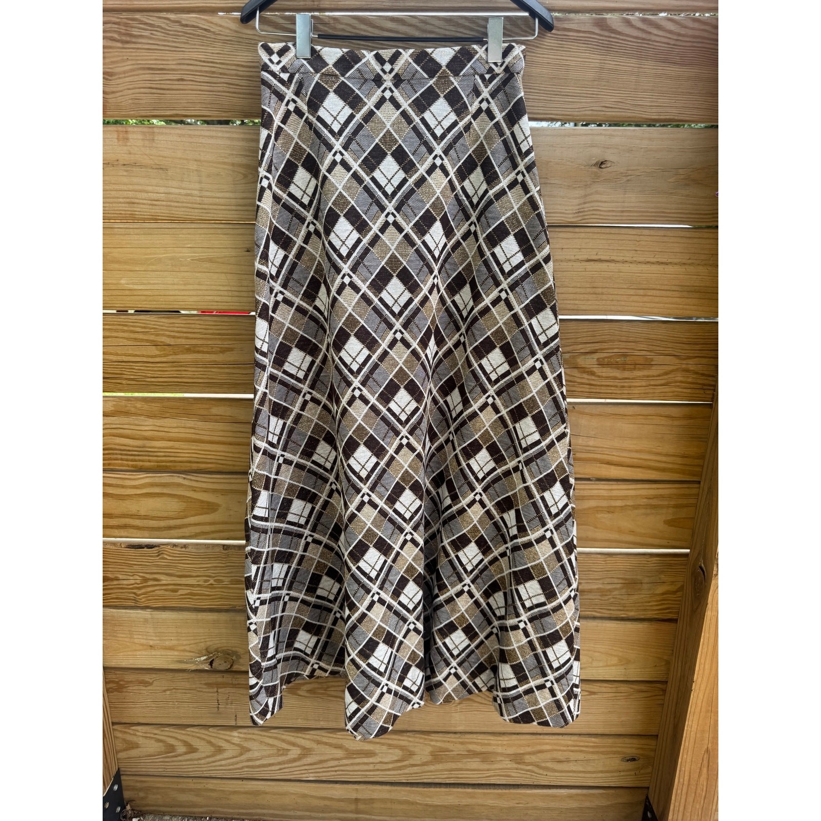 Vintage 1970s Argyle Plaid Maxi Skirt Brown Gold Metallic Lurex Knit A Line M/L