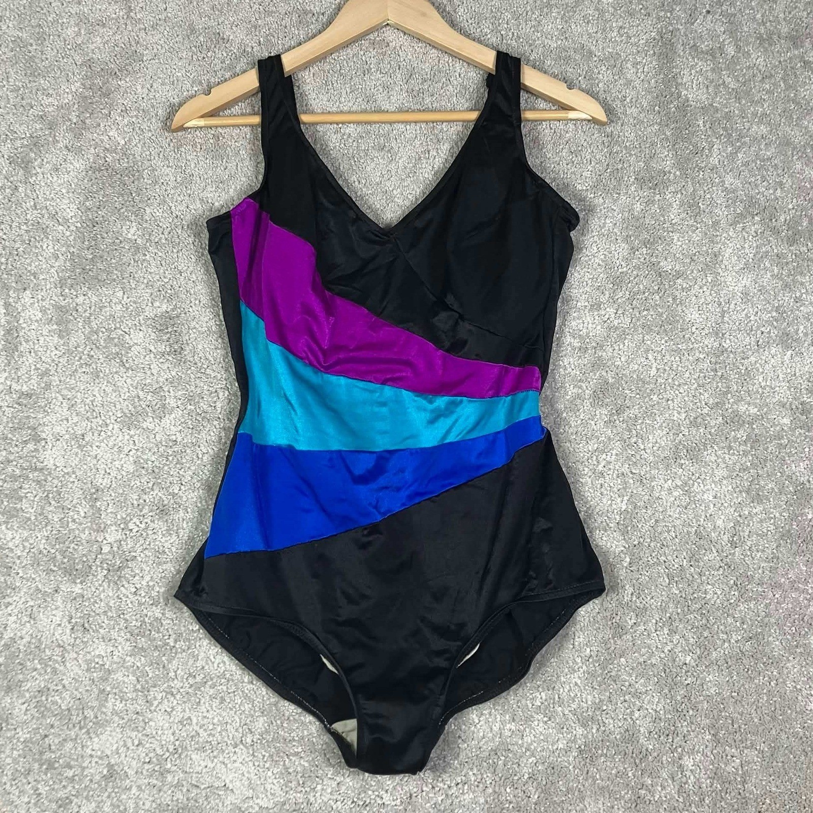 Vintage 80s Robby Len Swimsuit Womens 40 Black Colorblock One Piece Swimwear USA