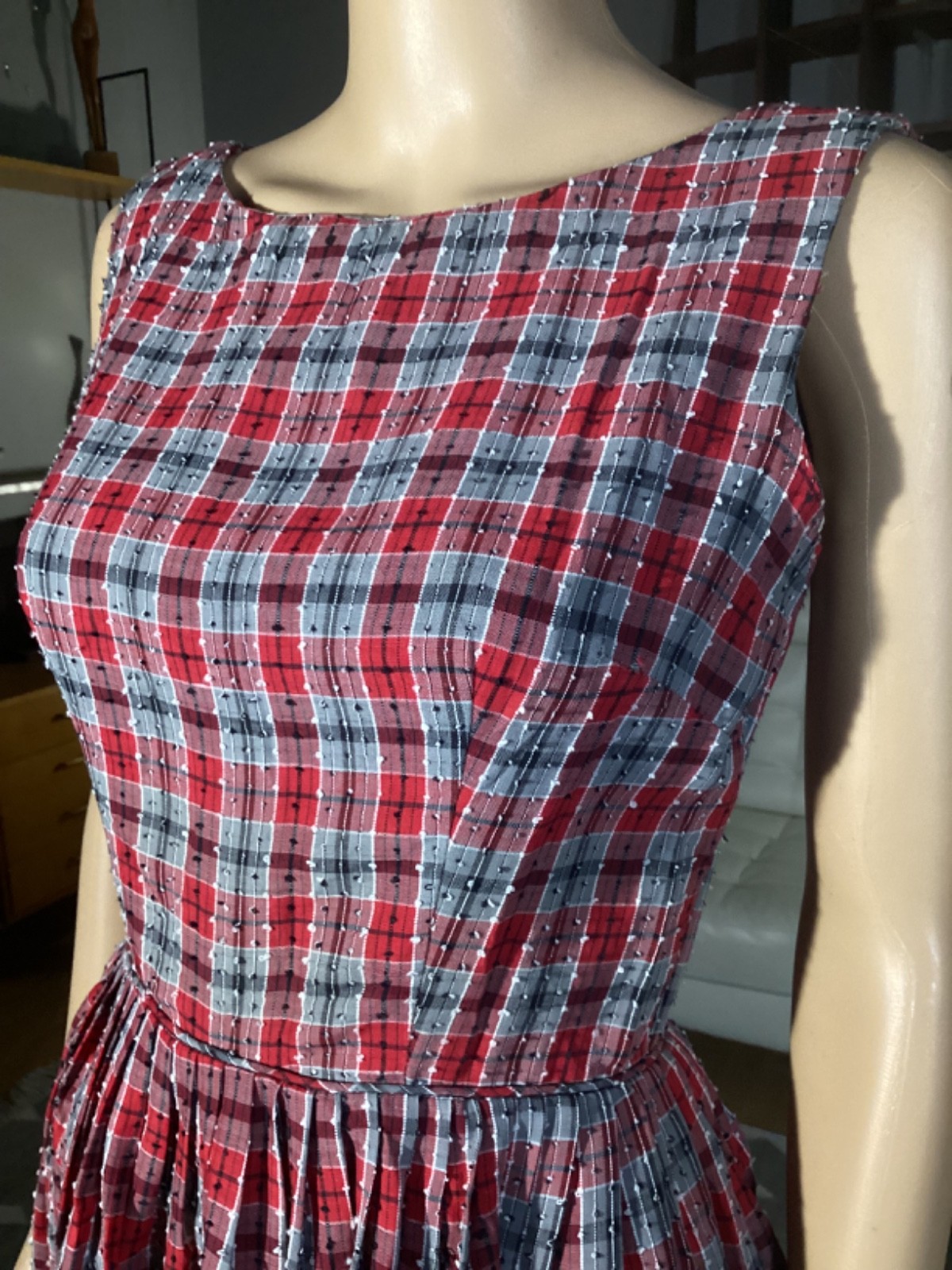 Vintage 1950s Plaid Nubby Sleeveless Day Dress Red Gray Rockabilly