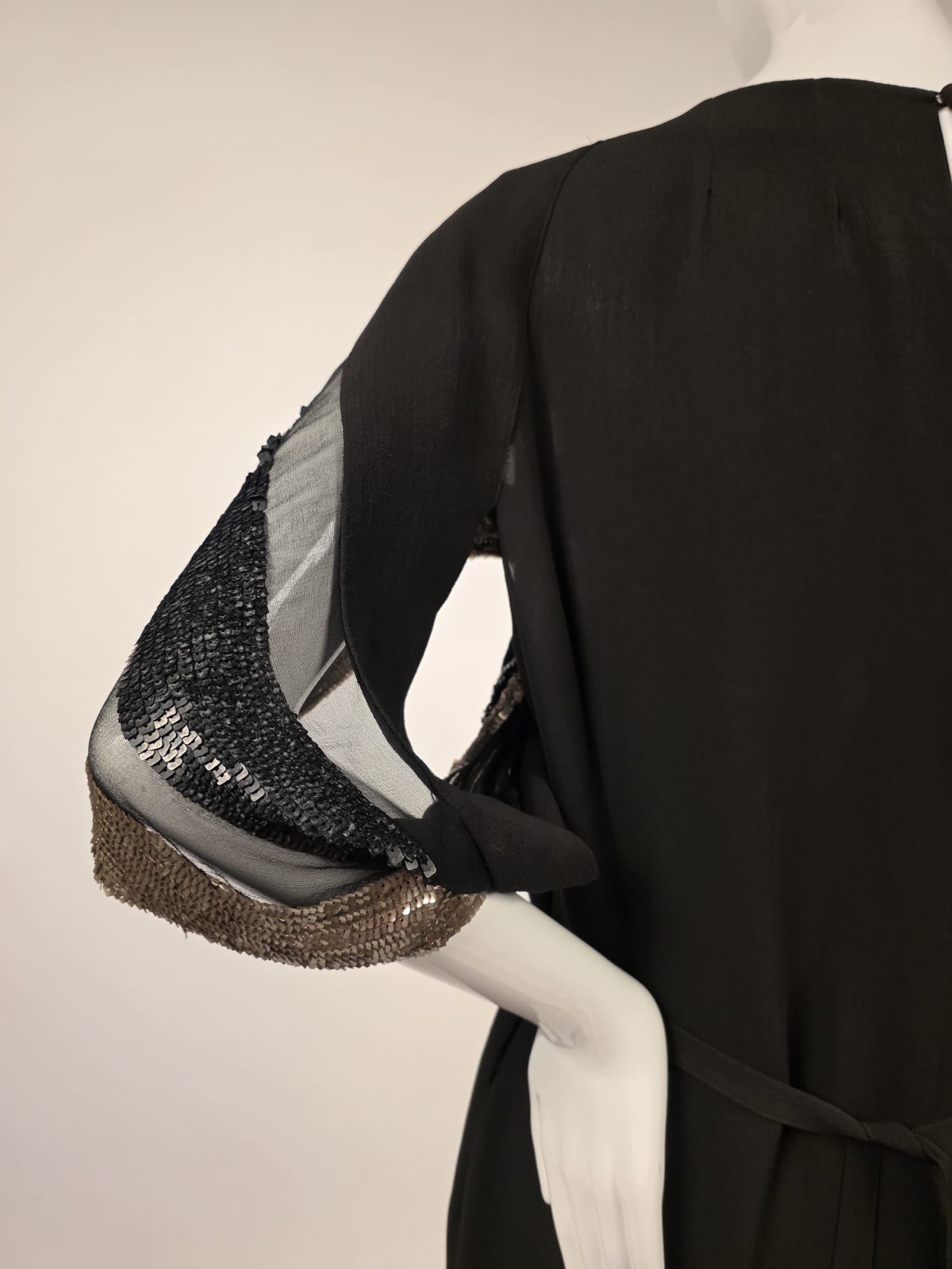 1930’S BLACK CREPE LONG DRESS W SQUARE SEQUIN CHIFFON DRAPED TOP