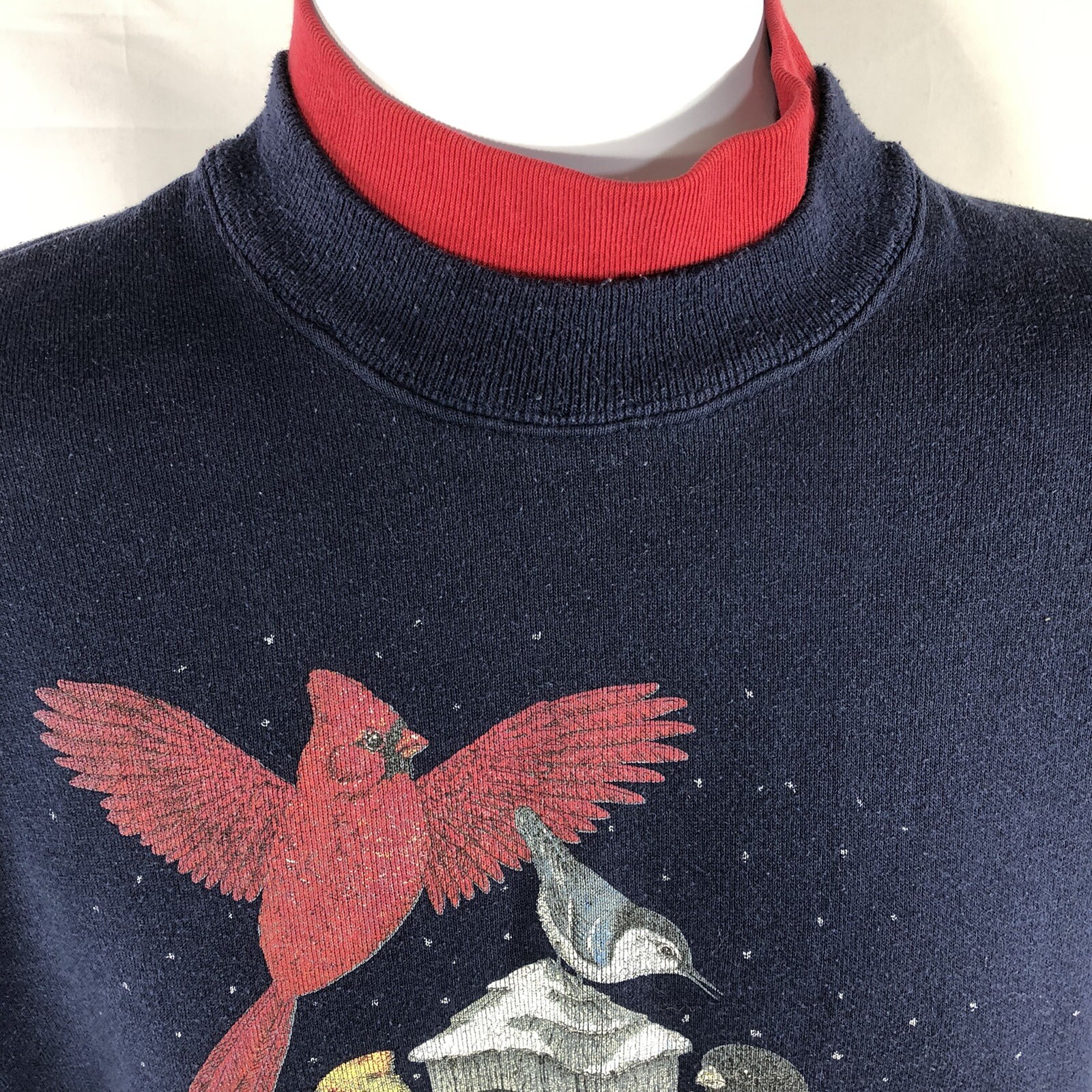 Vintage Cardinal Bird Feeder Winter Sweatshirt Layered Neck USA Made Large 90s