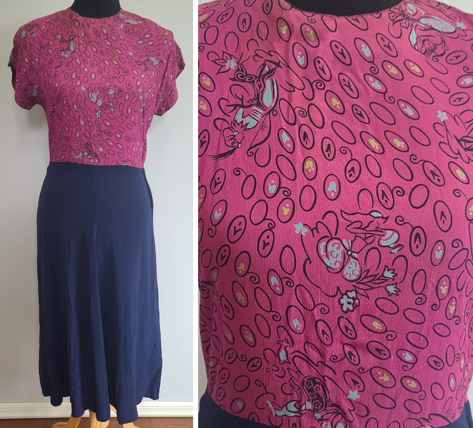 Vintage 1940s Genie Deer Animal Novelty Print Dress Pink Blue Rayon (Waist 27″)