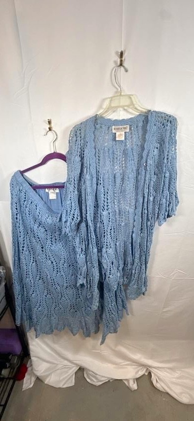 Vtg 90s Brownstone Studio 2pc Cotton Crochet Skirt Cardigan Set Blue Plus Size 2