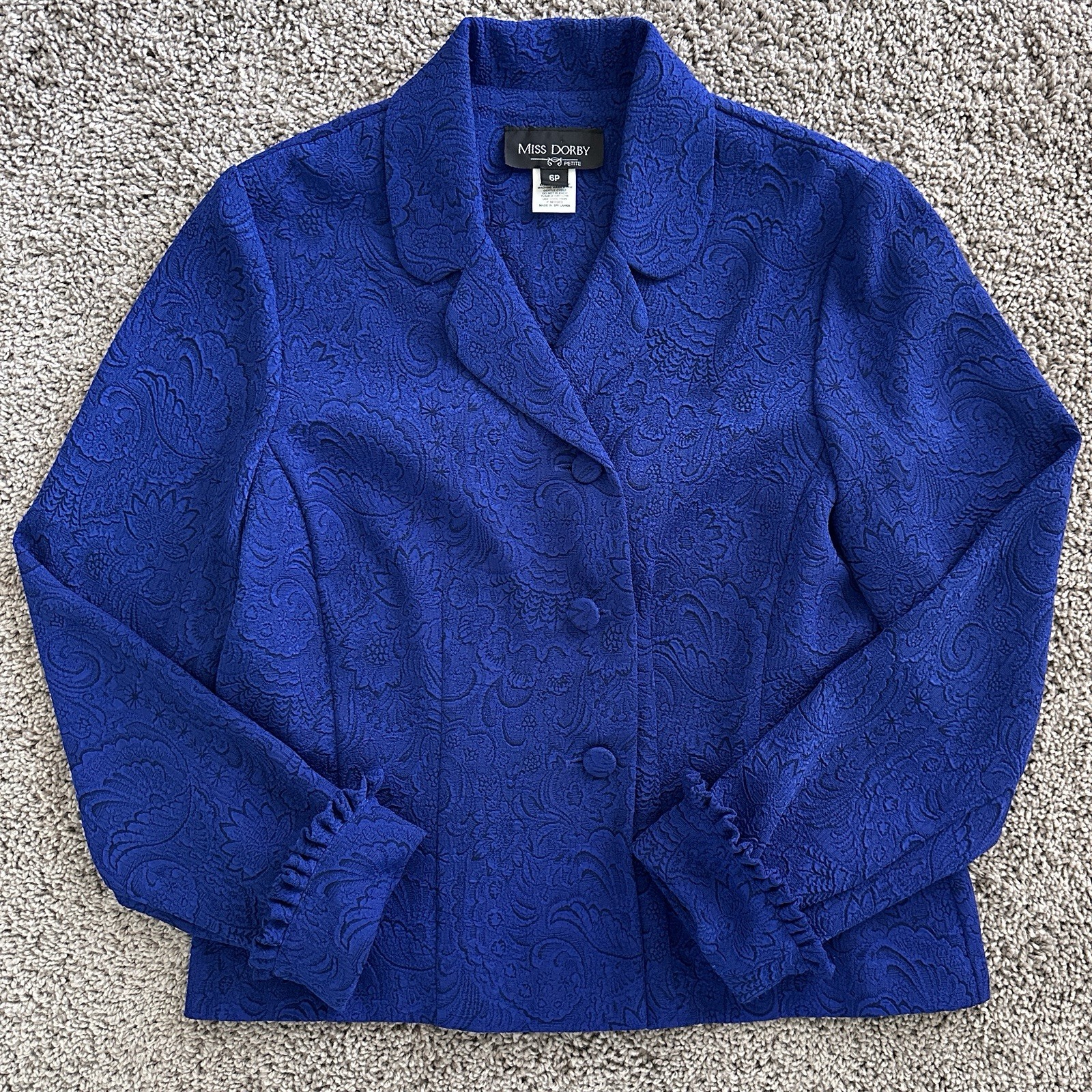 VTG Miss Dorby 2Pc Skirt Suit Set 6P Royal Blue Floral Jacquard Ruffle Coquett