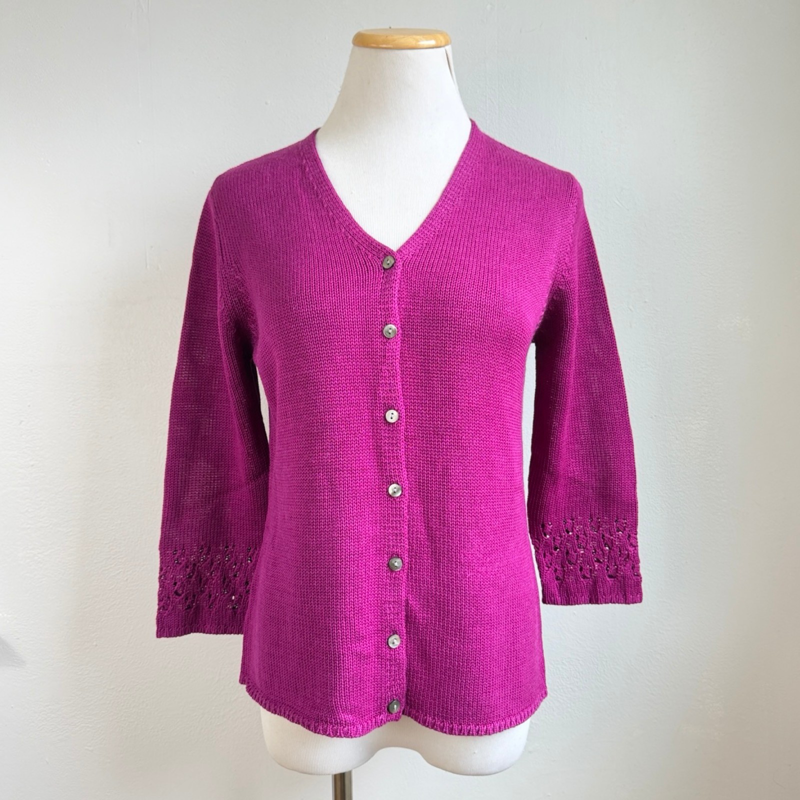 Vintage Knit Silk Cardigan Sweater Size Small 90s Magenta Purple 3/4 Sleeve