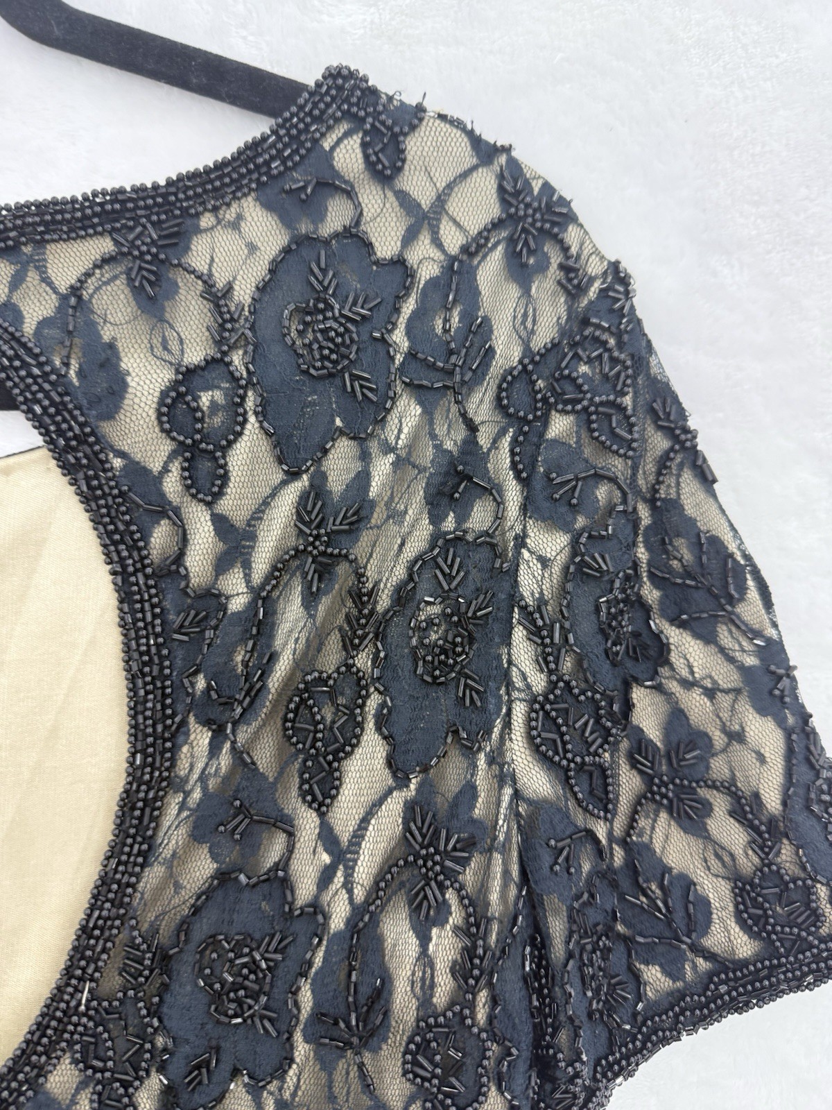 Vintage Black Lace And Nude Dress Beaded By Brilliante J.A. Size Small
