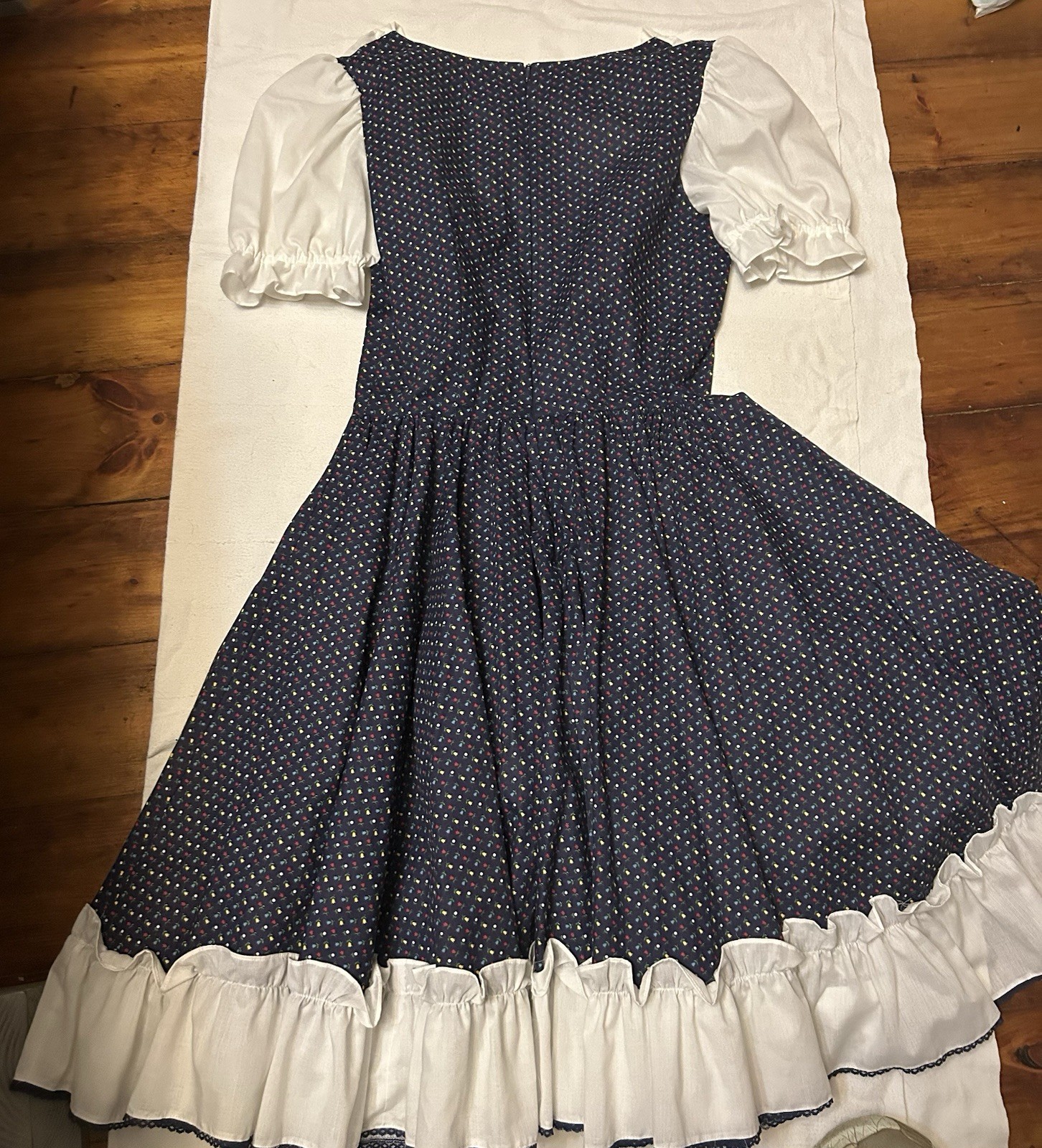 VTG 70s Navy Prairie Ruffled Square Dance Dress 160″ twirl skirt country sm med
