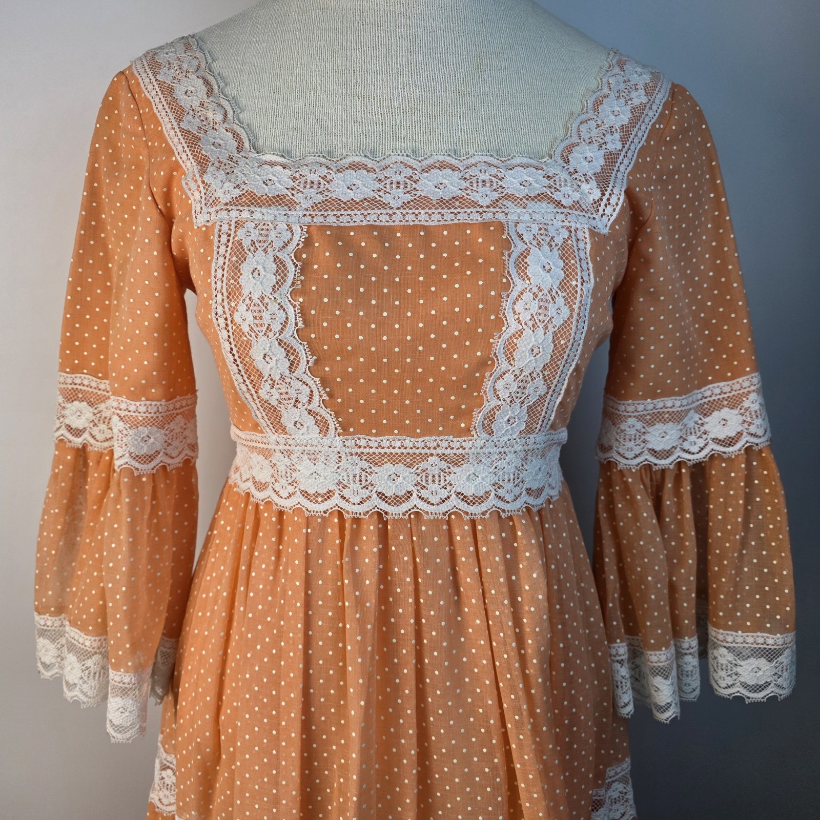 Nadine VTG 1970s Peach Polka Dot Lace Maxi Dress 7 Bell Sleeve Empire Waist