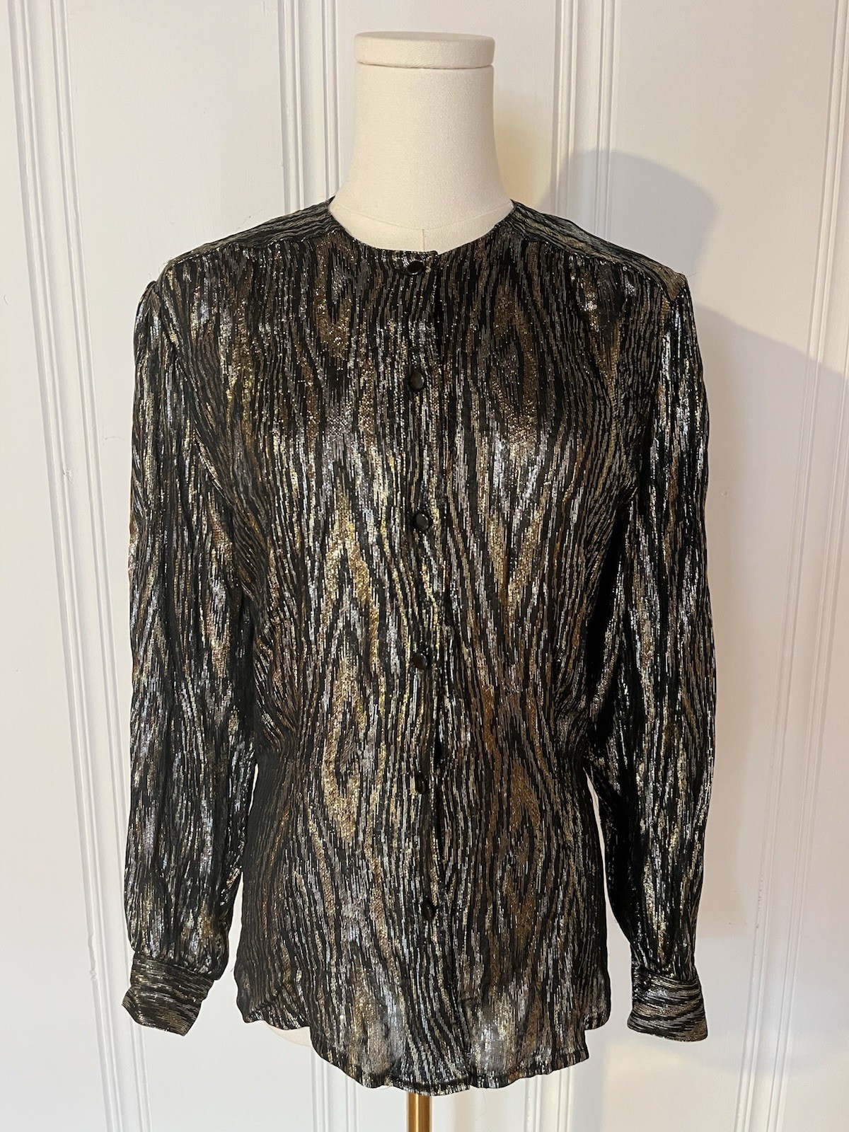 Vintage 80s 90s Blouse Size 10 Top Gold Silver Black SK & Company Long Sleeve