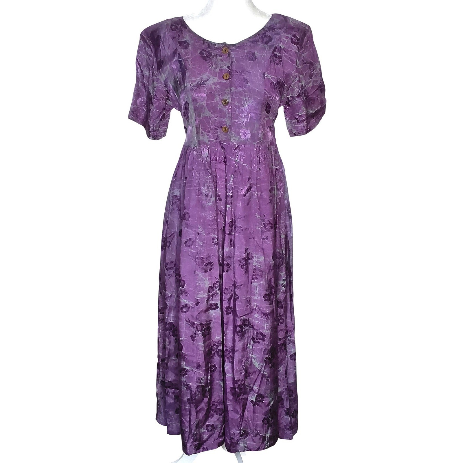 Cottagecore Sunset Rose Floral Maxi Dress Womens S Purple Rayon Button Pockets