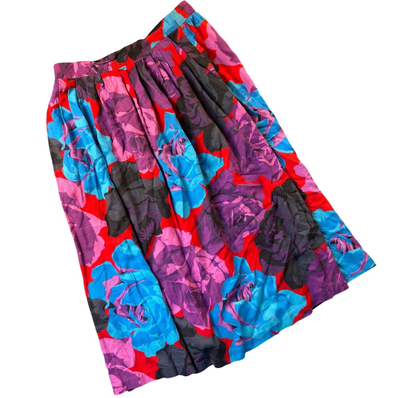 Great Connections JCPenney Vintage Floral Midi Skirt Red Purple Blue Rayon Boho
