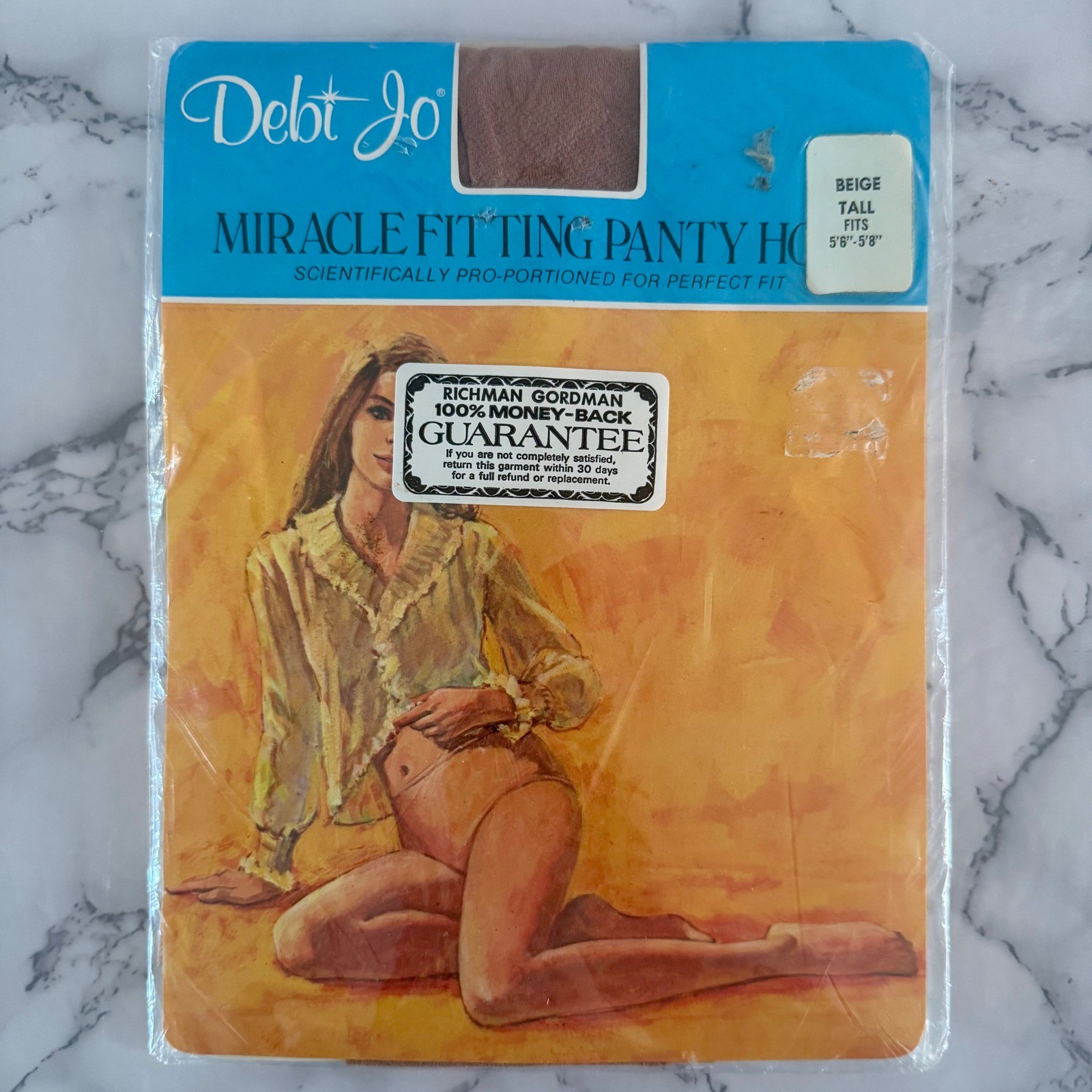 Vintage Debi Jo Miracle Fitting Panty Hose Beige Tall Deadstock Art Advertising