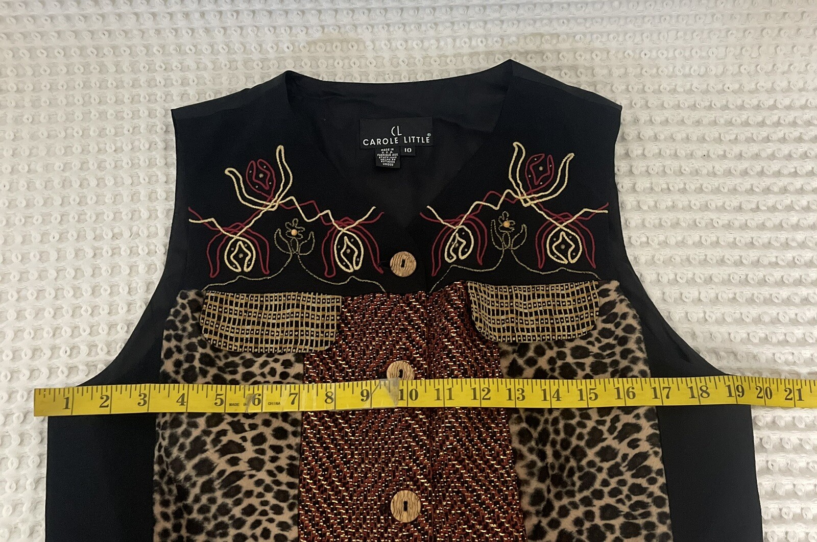 Carole Little Colorful Embroidery Animal Print Wooden Front Button Vest Sz10 VTG