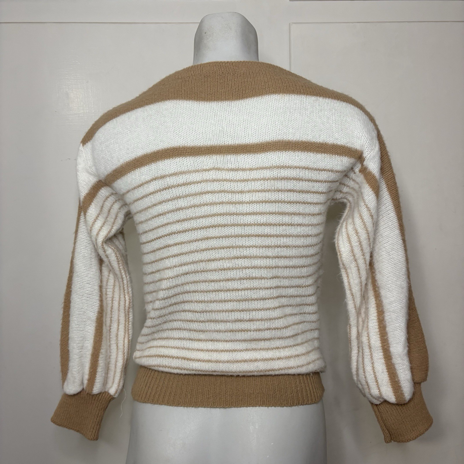 Vintage 80s Spunky Tan White Striped Colorblock Boatneck Sweater