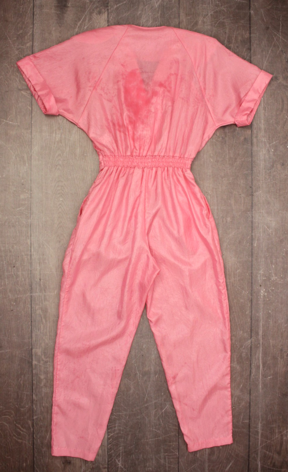 Vtg Women’s 80s Pink Shiny Polyester Fabric Jumpsuit Sz S 1980s F/stop