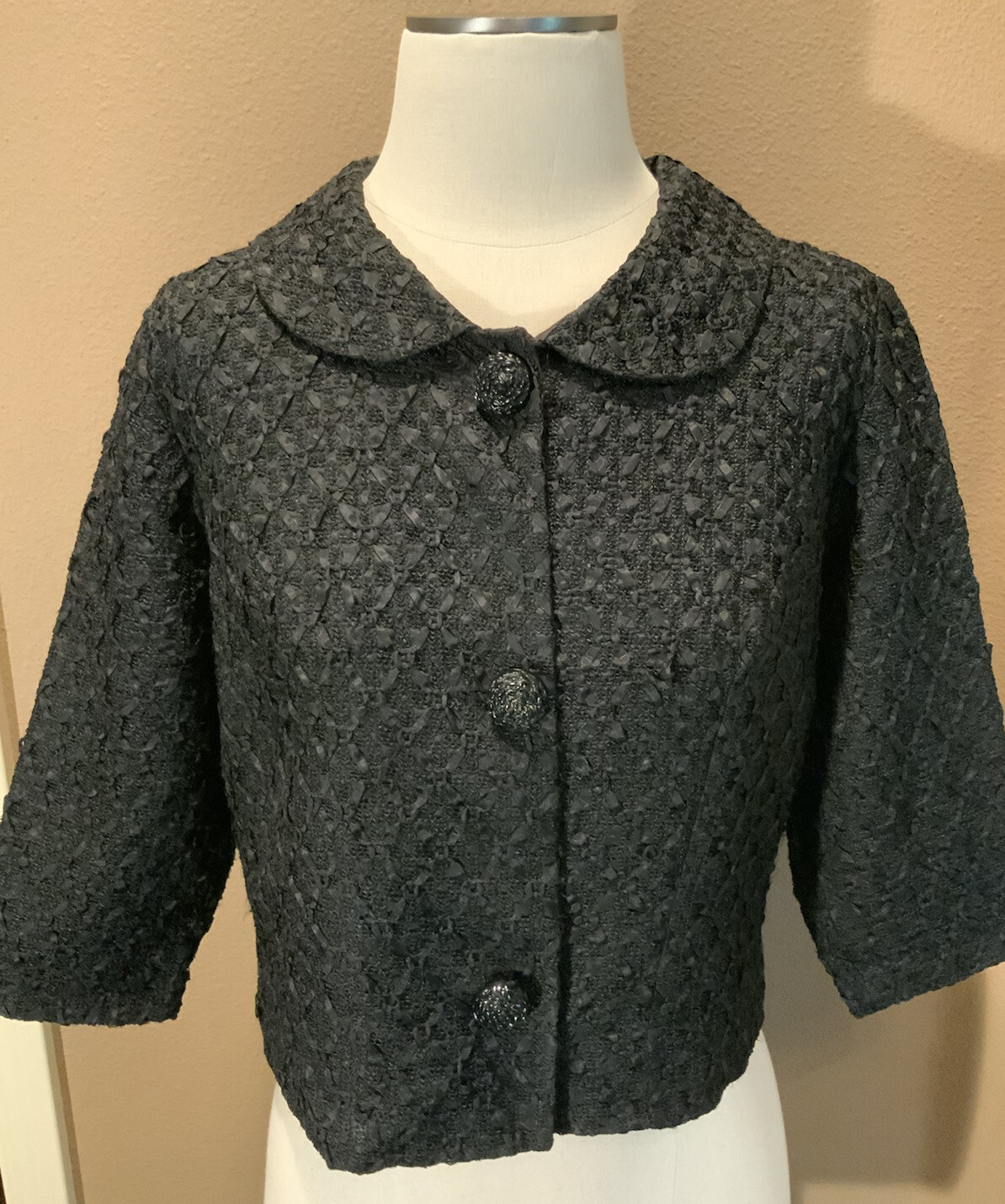 Vintage Little Eva Cohen Bros 8 M Black Textured Cropped Jacket W 3/4 Sleeves
