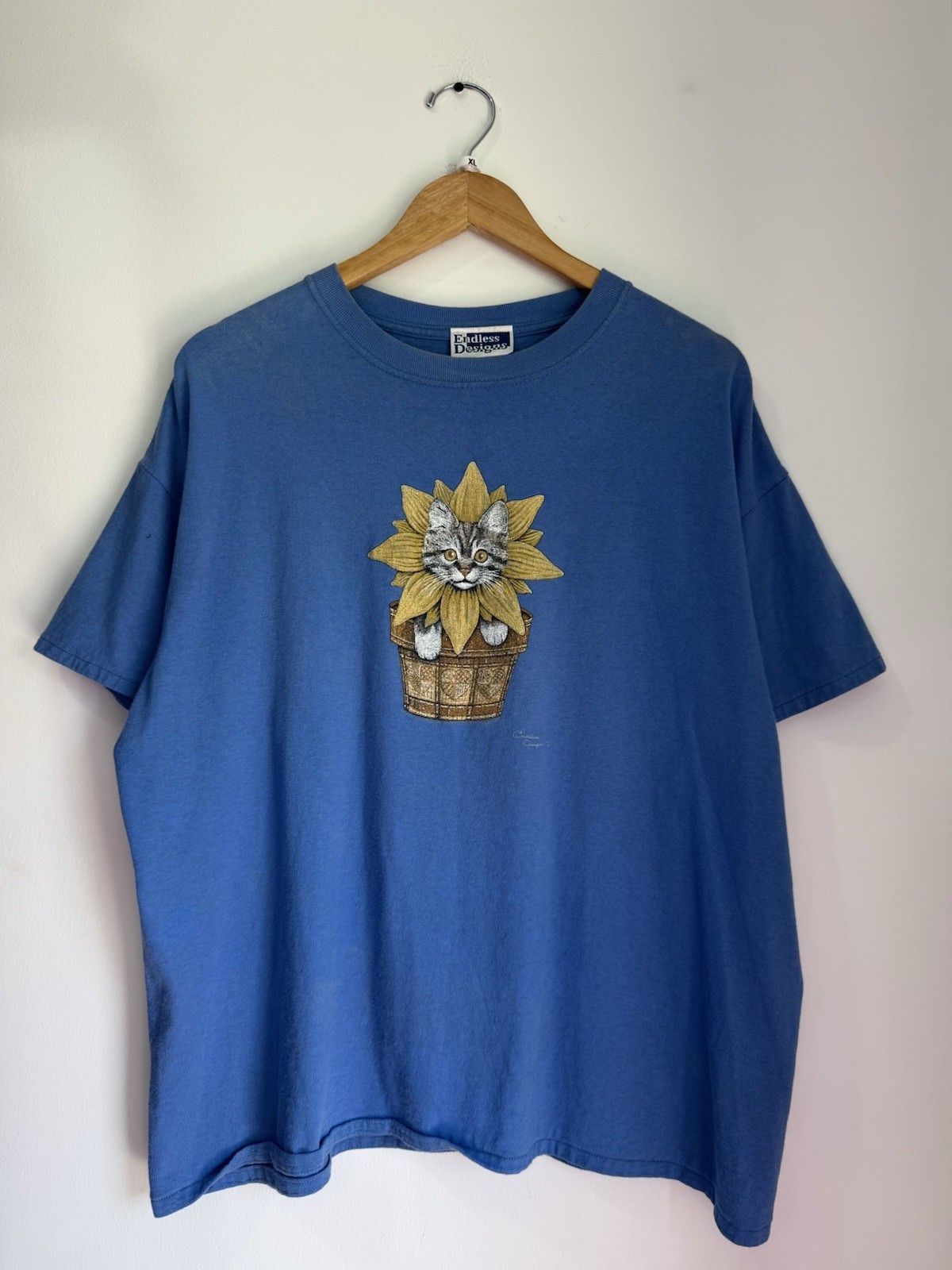 Vintage 90s Endless Designs Cottage Core Cat Sunflower Grandma T-Shirt Blue XL