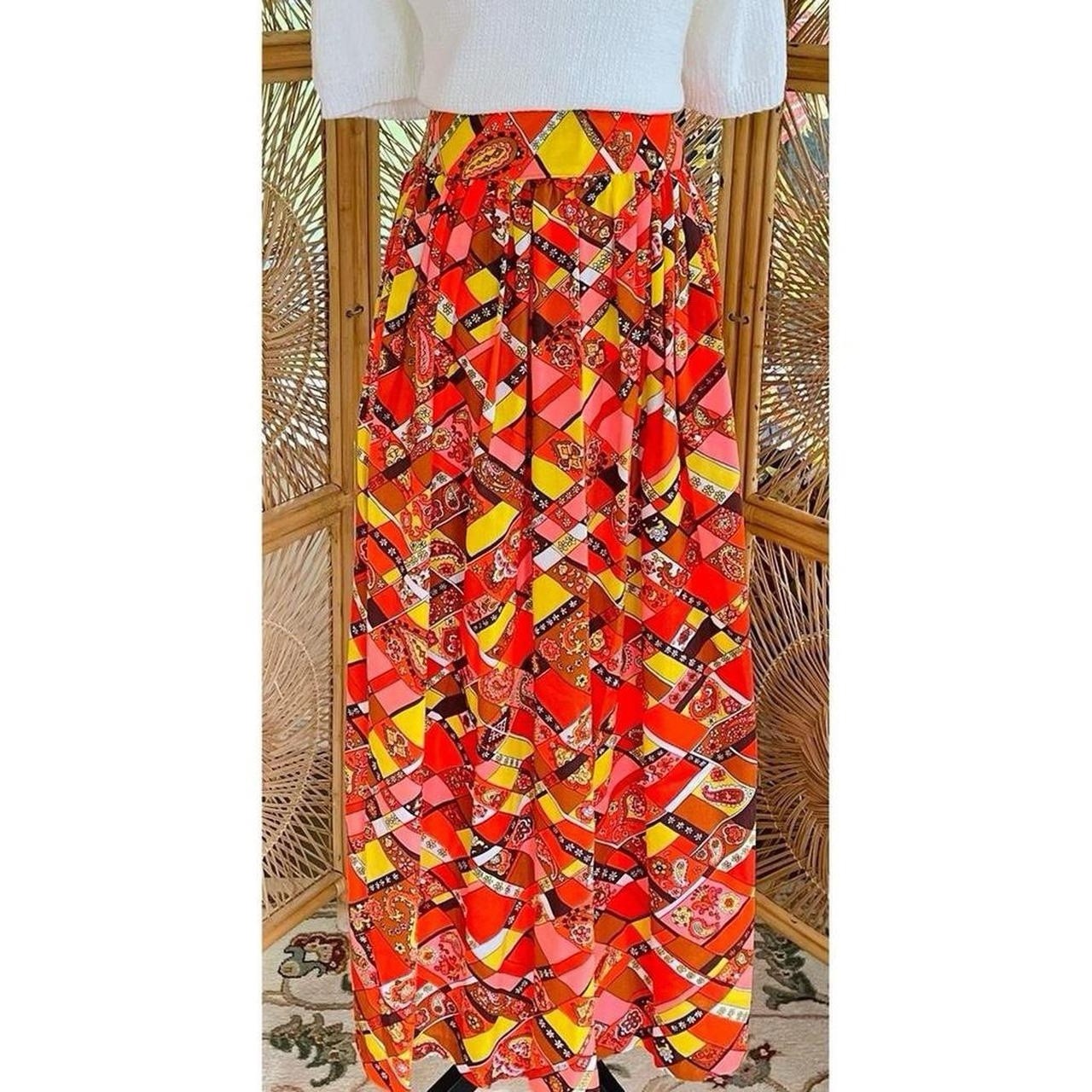 Vintage Retro 60s 70’s Polyester Paisley Orange Yellow Pink Brown A-Line Skirt