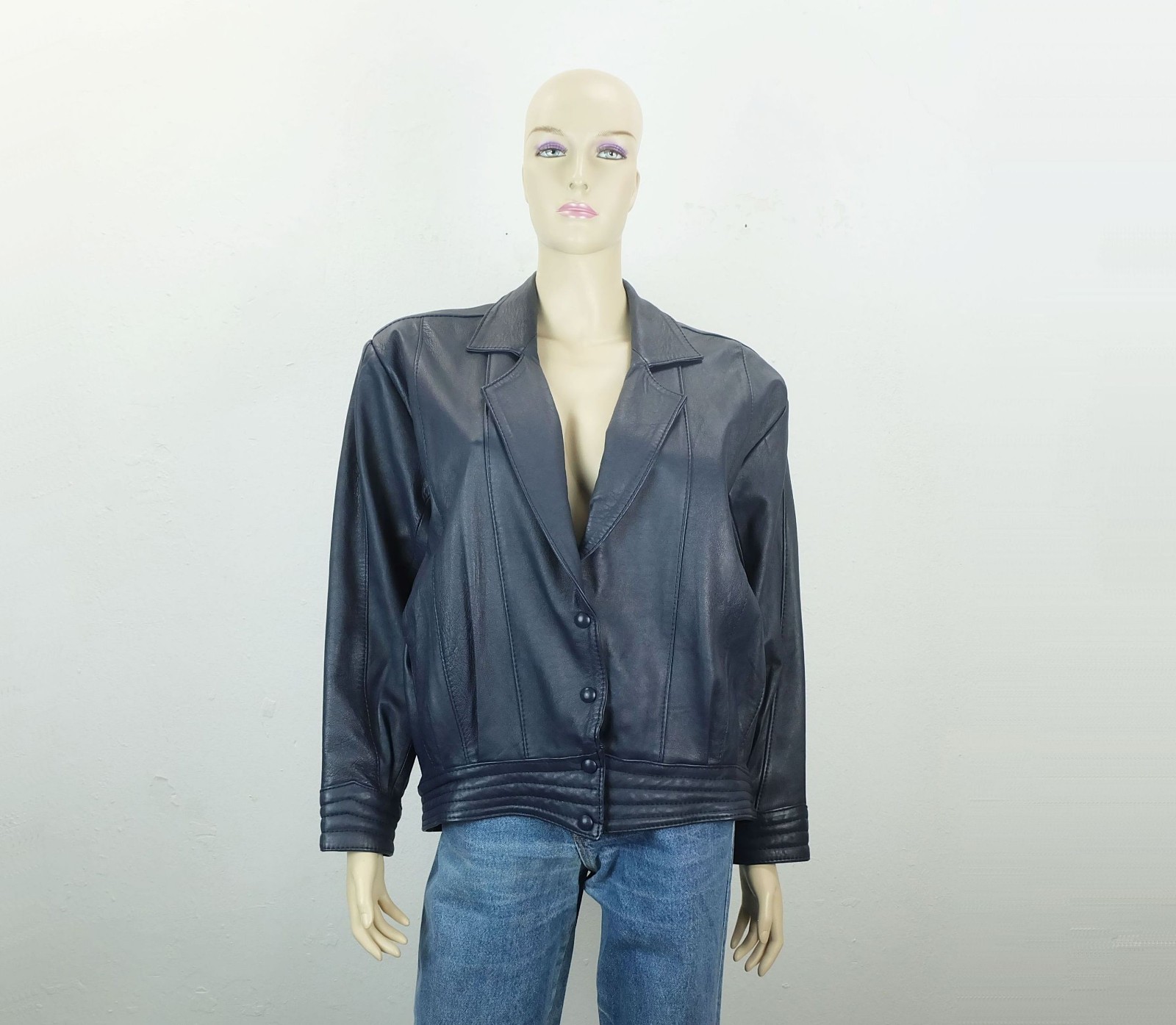 80s true vintage LEATHER JACKET blue oversized cut wide sleeves size S/M