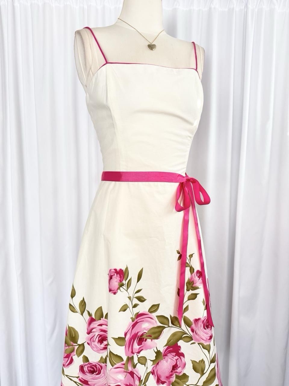 Vintage Y2K White Pink Rose Fairy Bow Slip Midi Dress Gown A Line Size Medium 10